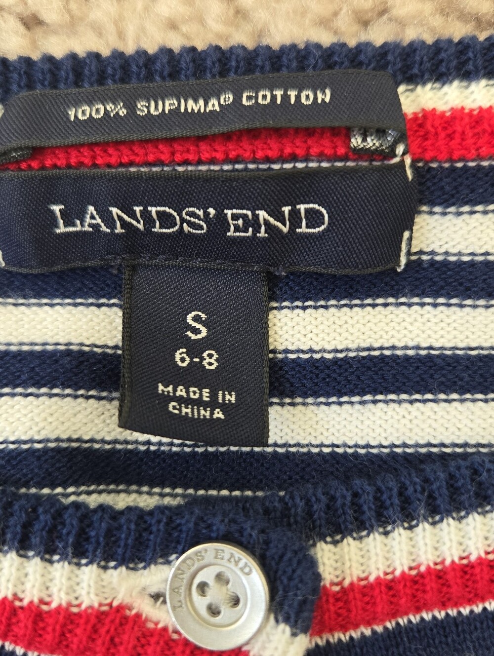 Lands' End Women's 6-8/ Small 100% Supima Cotton Red White Blue Stripe Cardigan - Picture 11 of 15